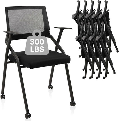 CLATINA Stackable Foldable Conference Room Chairs with Wheels, Portable Padded Office Desk Chair with Lumbar Support and Armrest for Training Room, Guest, Reception, Event, Black (10pk)
