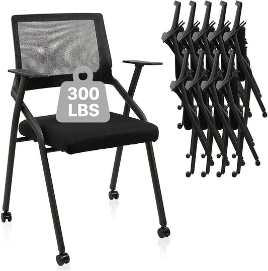 CLATINA Stackable Foldable Conference Room Chairs with Wheels, Portable Padded Office Desk Chair with Lumbar Support and Armrest for Training Room, Guest, Reception, Event, Black (10pk)