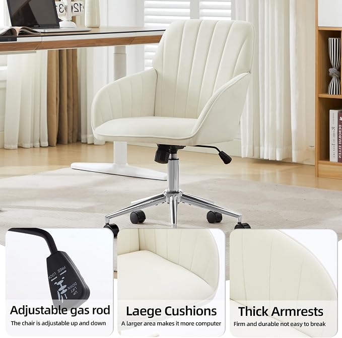 YITAI Velvet Office Desk Chair with Wheels and Silver Base,Modern Height Adjustable 360 Degree Swivel Upholstered Vanity Chairs with Arms for Living Room Bedroom, Study,White