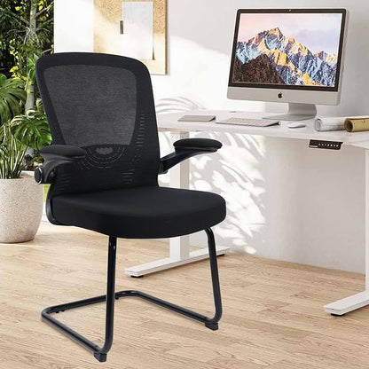 CLATINA Office Guest Chair no Wheels, Ergonomic Mesh Desk Chair Adjustable Lumbar Support and Flip Up Arms, Sled Base for Office Guest & Reception Chairs for Conference Room,Black (8PK)