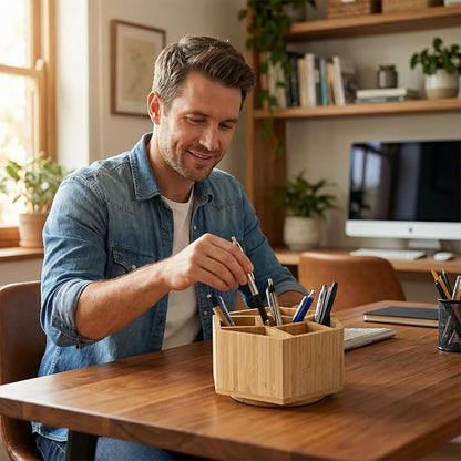 360° Rotating Bamboo Desk Organizer Hexagon Art Supply Holder Office Storage for Colored Pencils, Crayons, Paint Brushes, and Makeup Cosmetics
