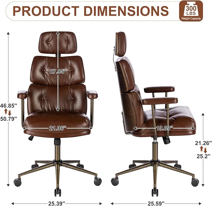 Mid-Century Modern Ergonomic Office Chair,High Back Faux Leather Executive Desk Chair with Walnut Bentwood & Headrest,Adjustable Swivel Computer Chair for Home Office,Brown