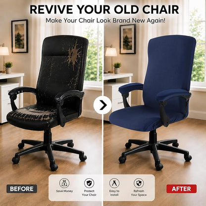 Stretch Computer Office Chair Cover with Armrest Covers Durable Zipper Universal Washable Removable Spandex Rotating Boss Chair Slipcovers Anti-dust Soft Desk Chair Seat Protector, Navy