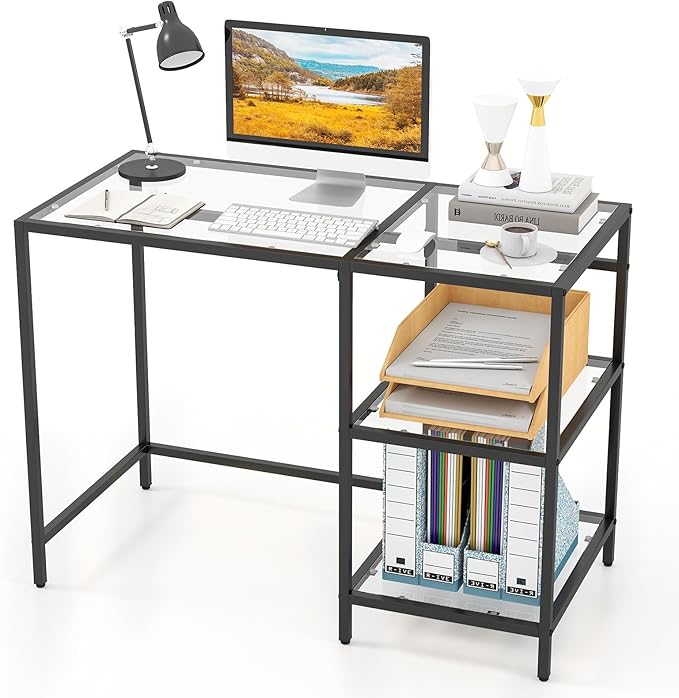 GOFLAME Computer Desk with Shelves, 42” Home Office Desk with Metal Frame, Tempered Glass Study Writing Table, Modern Simple PC Desk for Living Room Bedroom (Black)