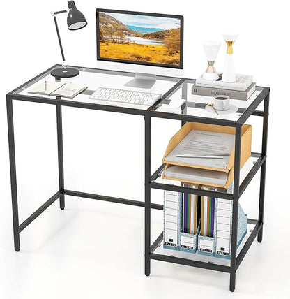 GOFLAME Computer Desk with Shelves, 42” Home Office Desk with Metal Frame, Tempered Glass Study Writing Table, Modern Simple PC Desk for Living Room Bedroom (Black)