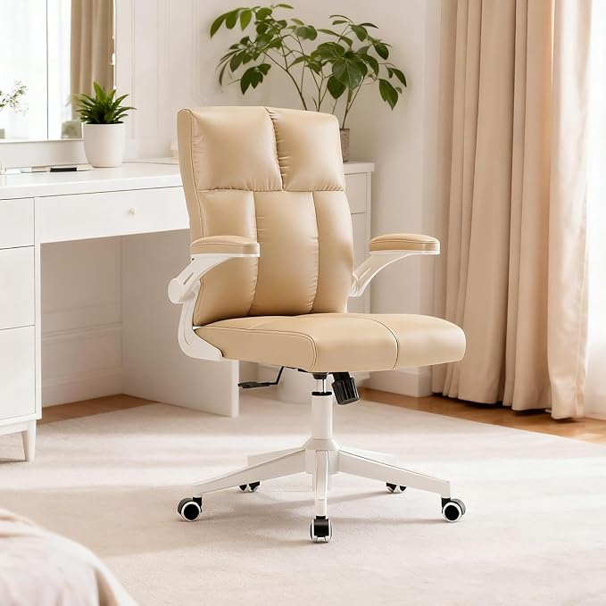 balmstar Leather Office Chair Computer Desk Chair, 360° Swivel Rolling Wheels, Adjustable Tilt Angle 90°-135° with Lumbar Support Executive Chair (Beige)
