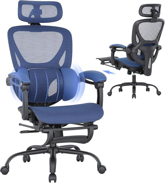 MALOL Ergonomic Mesh Office Chair with Footrest, Executive High Back Computer Desk Chair with 3D Adjustable Headrest & 5-Level Lumbar Support, Reclining Tilt Lock, 3D Arms, 300LBS Capacity, Blue
