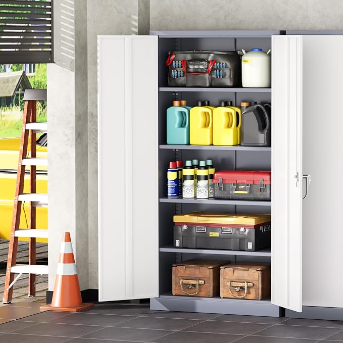 INTERGREAT Metal Garage Storage Cabinet with Lock, 72" Storage Cabinet with Locking Doors and 4 Adjustable Shelves, Lockable Steel Tool Cabinet for Home Office, School, Double Grey