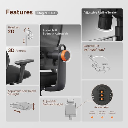 Newtral Ergonomic Home Office Chair, High Back Desk Chair with Unique Adaptive Lumbar Support, Adjustable Headrest, Seat Depth Adjustment, 96°-126° Tilt Function, Adjustable Armrest Recliner