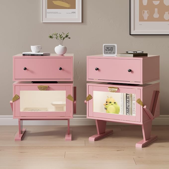 RoyalCraft Large Nightstand Set of 2 with LED Lighs, Pink End Table with 360°Rotating Drawer, Modern Bedside Table with Storage, Wood Night Stand for Bedroom, Home Office, Pink
