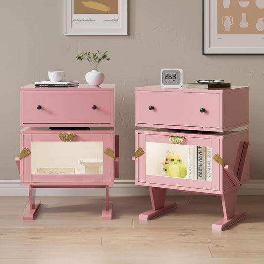 RoyalCraft Large Nightstand Set of 2 with LED Lighs, Pink End Table with 360°Rotating Drawer, Modern Bedside Table with Storage, Wood Night Stand for Bedroom, Home Office, Pink
