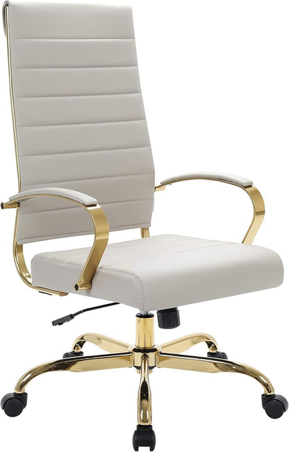 LeisureMod Modern High-Back Leather Office Chair - Swivel & Adjustable Executive Desk Chair with Gold Frame, Ergonomic Design for Home & Office (Tan, Set of 8)