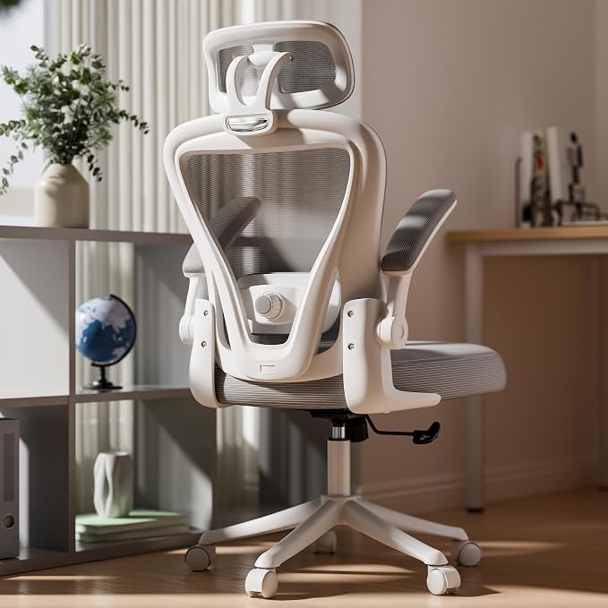 SeekFancy Ergonomic Office Chair M903, Computer Desk Chair | High Back Mesh Office Chair with Adjustable Lumbar Support, Headrest, Flip-Up Armrests, Wheels, 330LBS Capacity, White Grey