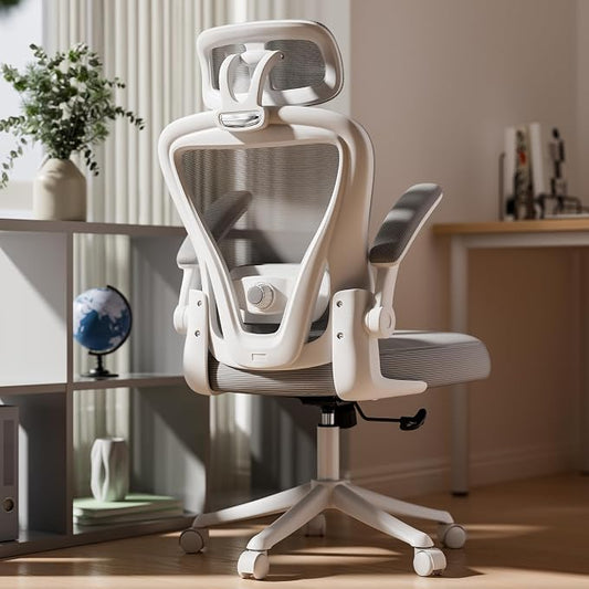 SeekFancy Ergonomic Office Chair M903, Computer Desk Chair | High Back Mesh Office Chair with Adjustable Lumbar Support, Headrest, Flip-Up Armrests, Wheels, 330LBS Capacity, White Grey
