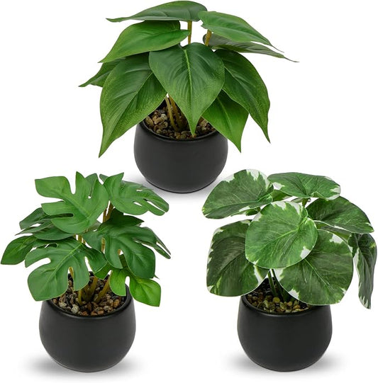 Briful 3PCS Fake Plants Potted Artificial Plants Mini Faux Plants in Black Ceramic Pots Greenery Décor for Home Office Table Room Farmhouse Indoor Decoration