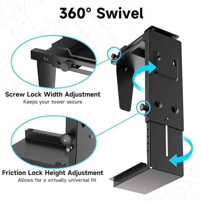Pholiten Under Desk CPU Mount, Universal Desk Leg CPU Mount, 3.94 to 11.61 Inch Wide Computer Case CPU Hanger Holder, Table Beam CPU Mount Bracket Computer Tower Wall and Under Counter Holder