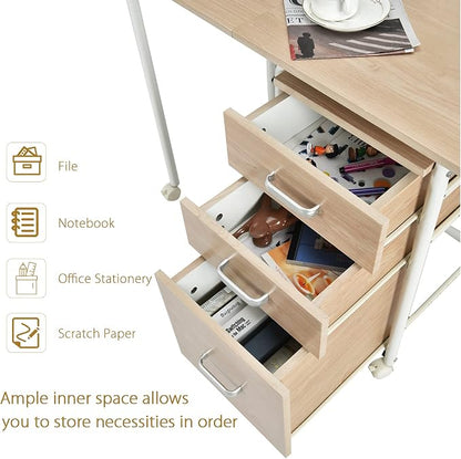 Tangkula Folding Computer Desk with 3 Storage Drawers, Mobile Home Office Desk Study Writing Desk with Smooth Wheels, Space Saving Compact Desk for Dorm Apartment, Rolling Folding Desk Table