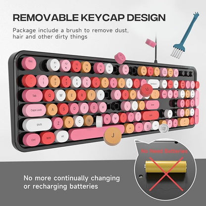 MOWUX Computer Keyboard Wired, Plug and Play USB Retro Round Typewriter Keyboard, Full Size Wired Keyboard with Foldable Stands for Laptop and Office PC- Black Colorful
