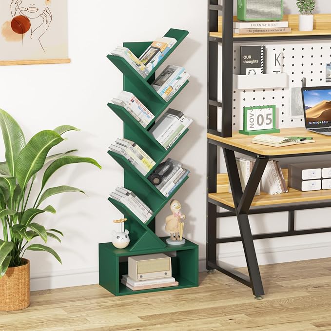 SHEEPAM 9 Tier Tree Bookshelf,Christmas Green Bookcase for Narrow Space, Storage Organizer Floor Standing Bookshelves for Books, Tall Book Case for Home Office, Living Room, Bedroom