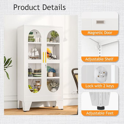 PAOFIN 47" H Locking Display Cabinet with Glass Door, Metal Cabinets with 3 Adjustable Shelves, Cabinet Display Case for Living Room, Collectibles, Clinic, Home - Assembly Required White