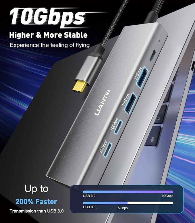 UANTIN USB-C Hub (6-in-1) Multiport Adapter with 10Gbps USB C 3.2 & USB-A 3.2 4K HDMI, 100W Power Delivery, USBC Dongle for MacBook Pro/Air, iPad Pro, ThinkPad, iMac and More