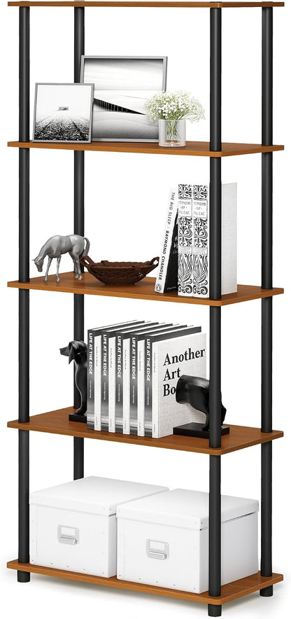 Furinno TURN-N-TUBE Storage Shelves, 5-Tier Book Shelf, Corner Shelf, Toolless Open Shelves, for Organization and Storage, Living Room, Garage, Home Office, Light Cherry