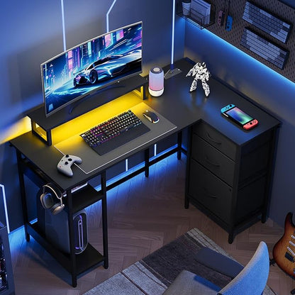DEVAISE 48 Inch L Shaped Gaming Desk with Drawers and Storage, Corner Desk with LED Lights, Power Outlets, Computer Desk with Monitor Stand, Office Desk for Home, Black