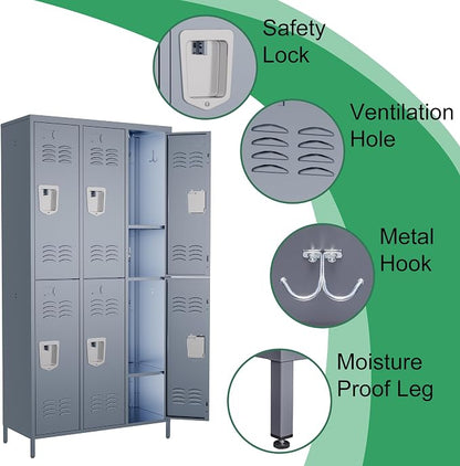 6 Door Metal Lockers for Employees,6 Heavy-Duty Hooks,72" Secure Storage for Home,Offices,Schools & Gyms | Gray