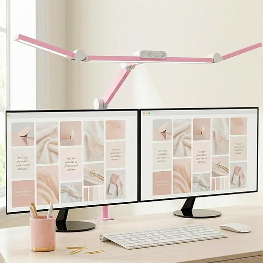 Micomlan Architect Desk Lamp for Home Office, Pink Desk Lamp with Clamp for Working, 24W Bright Rotatable Led Table Light Stepless Dimming Tempering Wide Computer Light for Crafting Puzzle Hobby