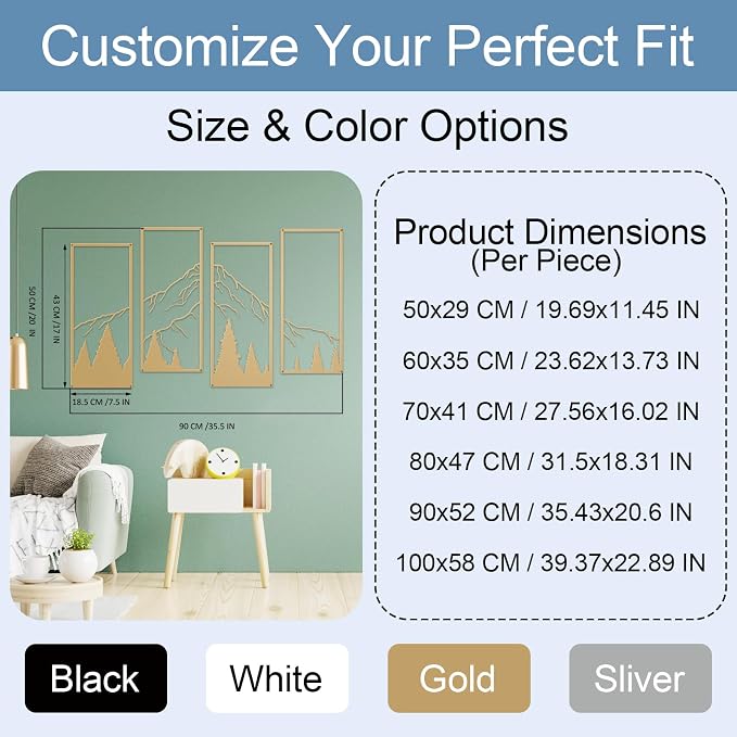 ruelen 4 Pcs Metal Mountain and Forest Wall Decorations Line Drawing Wall Art Minimalist Wall Decor Rustic Nature Home Wall Art Sculpture for Home Bedroom Bathroom Office Living Room (Gold, Large)
