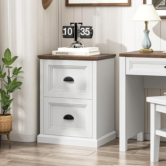 Halitaa Vertical File Cabinet, Filing Cabinet with 2 File Drawers, Farmhouse Small File Cabinet Fits Letter/A4 Size, Wooden Printer Stand, Under Desk Cabinets for Home Office, White
