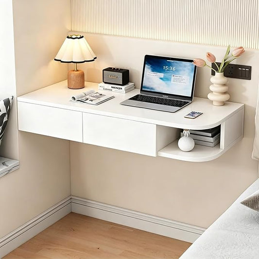 Corner Floating Desk with Drawer, Wall Mounted Desk with Open Shelving, Floating Makeup Vanity with Storage, Scratch-Resistant, Space Saving, for Bedroom Living Room Small Spaces Apartment