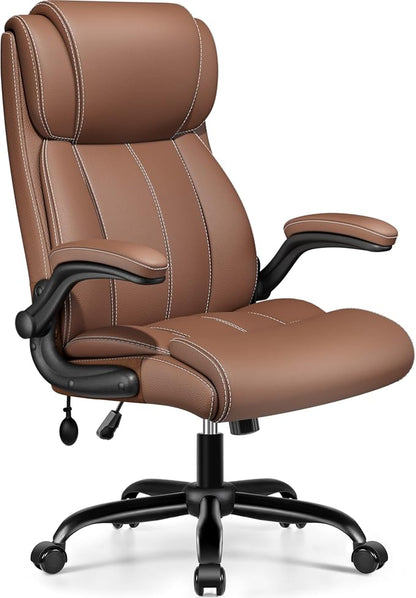 BESTFAIR Ergonomic Office Chair - Desk Computer Chair, Leather High Back Executive Chairs with Adjustable Lumbar Support & Flip Up Arms, Brown 2 Pack