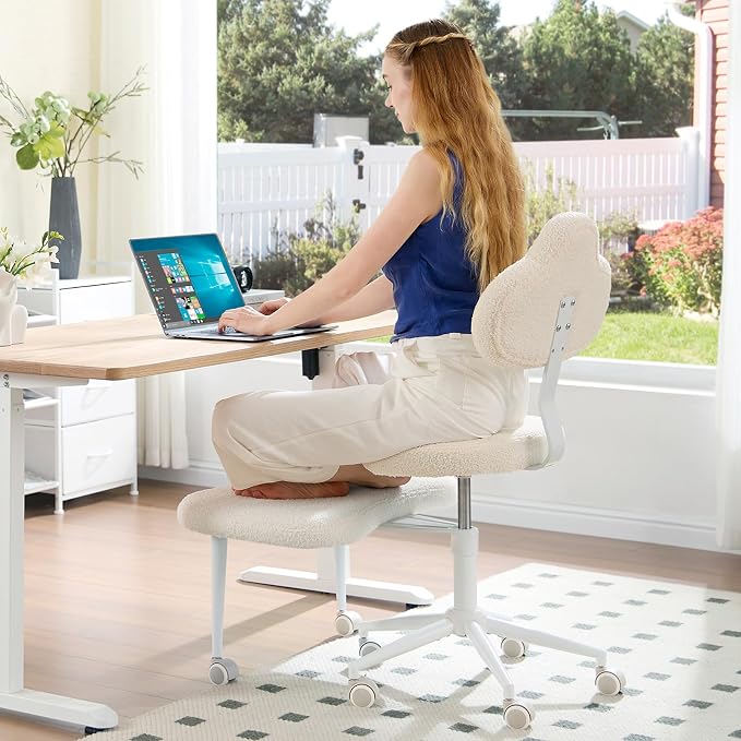 Pinmoco Cross Legged Office Chair with Wheels, Meditation Chair, ADHD Chair for Adults, Wider Height Adjustable Backrest and Seat, Yoga Office Chair, Teddy Fabric, Off White