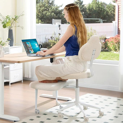 Pinmoco Cross Legged Office Chair with Wheels, Meditation Chair, ADHD Chair for Adults, Wider Height Adjustable Backrest and Seat, Yoga Office Chair, Teddy Fabric, Off White