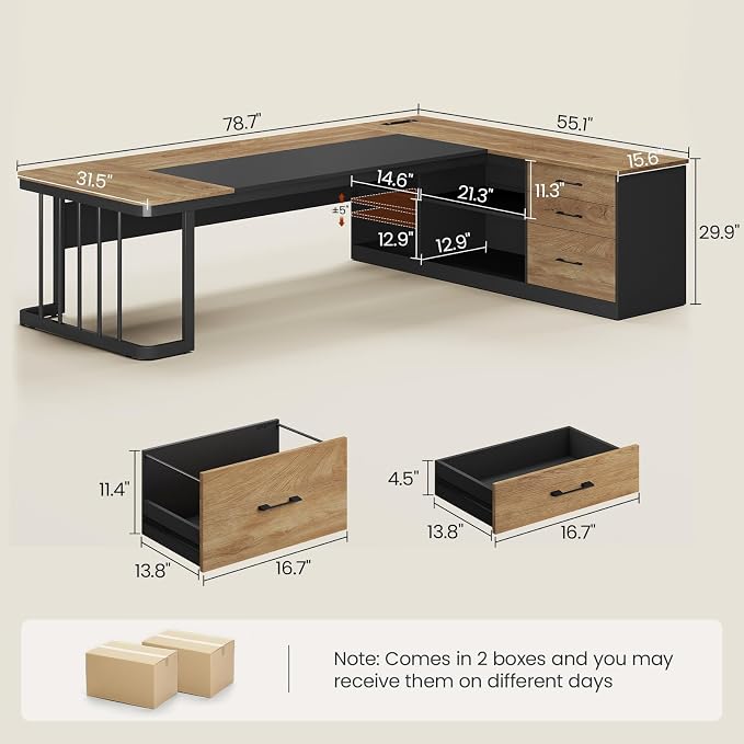 UPOSOJA 78.7" Executive Desk, Large Office Desk with Drawers & Storage Shelves, Modern L Shaped Computer Desk Corner Desk with Power Outlets, File Cabinet, Business Furniture Desk Workstation (Oak)