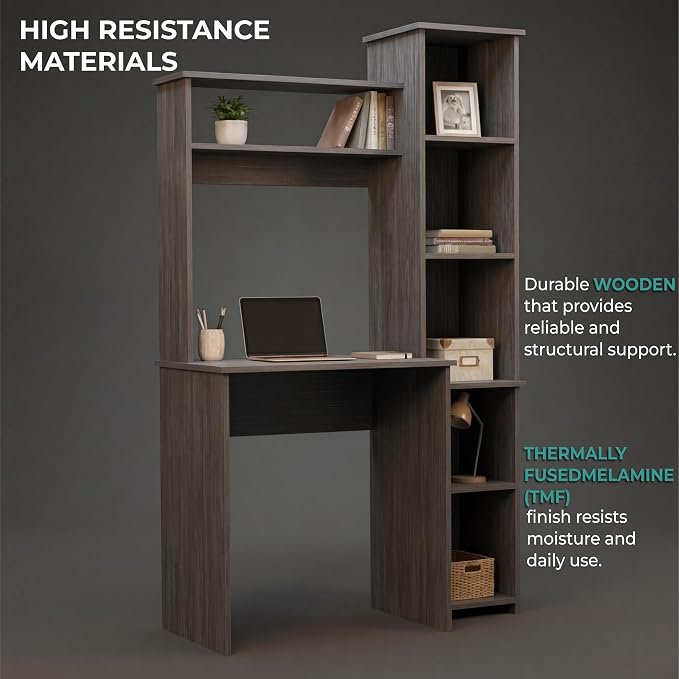 Tuhome Versalles Writing Desk with Two Superior Shelves, Five Side Open Storage Compartments, Space-Saving Modern Workstation Design for Studios and Offices, Ideal for Organization, Books