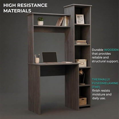 Tuhome Versalles Writing Desk with Two Superior Shelves, Five Side Open Storage Compartments, Space-Saving Modern Workstation Design for Studios and Offices, Ideal for Organization, Books
