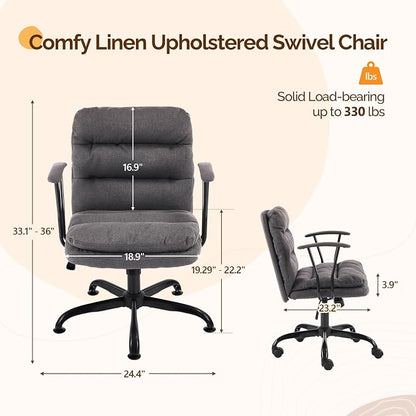 VINGLI Padded Grey Desk Chair with/No Wheels,Dual-Base,Removable Armrests,Adjustable Comfy Rolling Swivel Computer Task Nail Tech Chair for Home Office,Sewing,Makeup Vanity,Teen,Linen Fabric