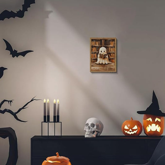 Framed Vintage Library Ghost Wall Art - Halloween Picture Decor, Cute Ghost Reading Books Canvas Print, Halloween Wall Decor for Living Room Bedroom Home Office, 8x10in Wood Frame