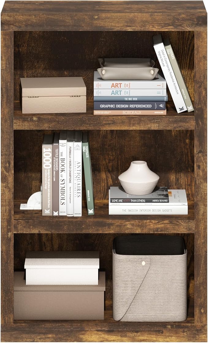 Furinno Rail Book Shelf, 3-Tier Classic Style Bookshelf, Bookcase with Open Shelf, 10.1 x 24.6 x 39, for Organization and Storage, for Living Room, Bedroom, Home Office, Amber Pine