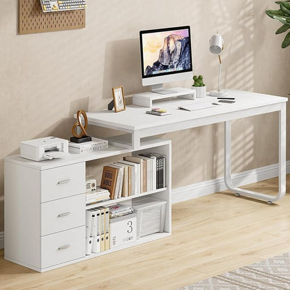 MaverickFurni 55" White Desk with Drawers and Shelves, Reversible L Shaped Desk with Monitor Stand, Home Office Desk with Storage for Work Writing Study, White