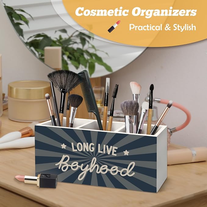 Boys Room Decor Pen Holder Organizer for Desk Accessories, Kids Room Decor, Long Live Boyhood Boy Nursery Wooden Box Sign Desk Decorations for Kids Boys Bedroom Playroom