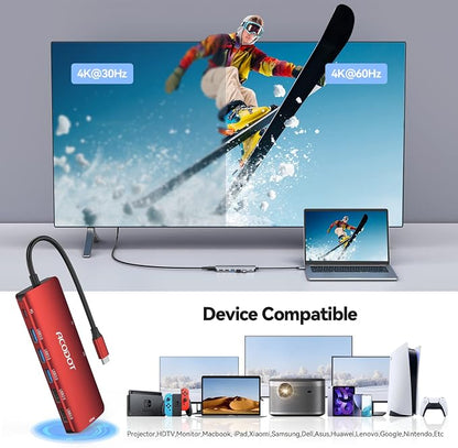 USB C Hub, 9-in-1 Multi-Port USB Adapter, 4K@60Hz HDMI, 100W Max PD, 3 USB3.0(5Gbps) + 2 USB2.0 Data Ports, SD/TF Card Reader for MacBook, iPad Pro, Dell, HP, Lenovo, Windows Laptop, Red