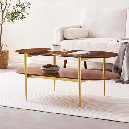 LumFurn Oval Glass Coffee Table, Mid-Century Modern Design, L41 x W21 x H17 inch, for Living Room, 2-Tier Structure, Amber Glass Top and Walnut Finish Wood Shelf, Conical Legs with Gold Finish Frame