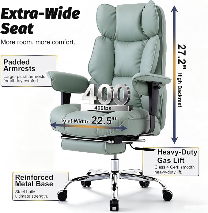 Efomao Executive Office Chair 400lbs,Green Big and Tall Desk Chair | Mattress-grade pocket spring cushion, sleek leather, 135° recline & footrest for computer gaming setup.
