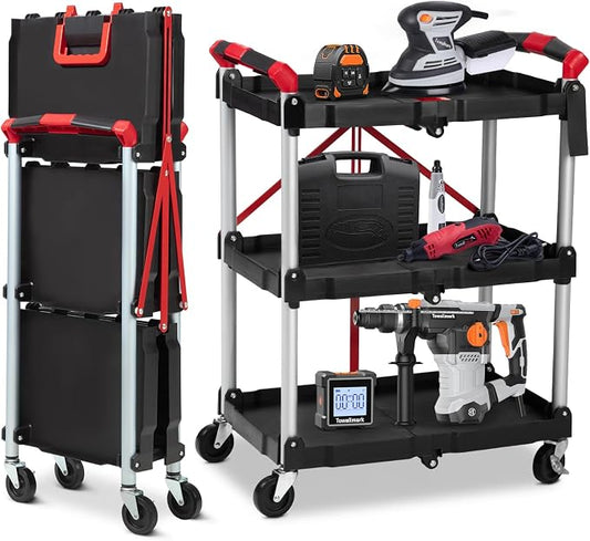 PioneerWorks Folding Utility Service Cart, Collapsible Cart with Wheels, 3 Tier Rolling Utility Cart, Folding Cart with Wheels Collapsible, Service Cart for Tool, Grocery, Bar, Garage, Kitchen, Office