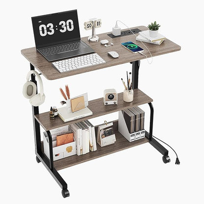 VINGLI 31.5" Mobile Small Standing Desk, Adjustable Height Mobile Computer Desk, w/2 AC Outlets + 3 USB Ports & Hooks, Storage Shelves, Suitable for Gaming, Studying, Home Office, Gray