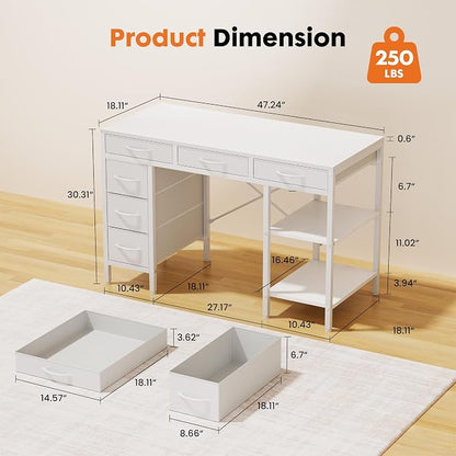 OLIXIS Computer Desk with 6 Drawers, 46 inch Office Workstation with Storage Shelves, Reversible Gaming Setup, Corner Table with Storage Drawers, Work for Home Office, Study, Living Room, White