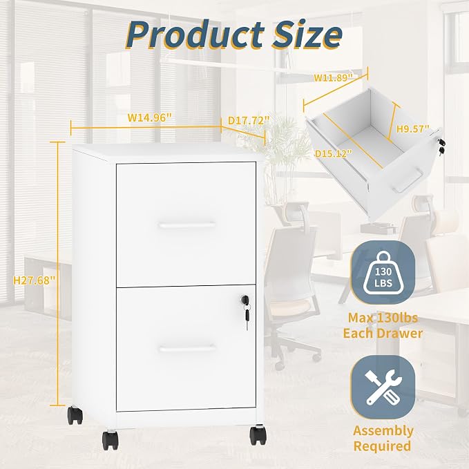 2 Drawer File Cabinet on Wheels, Mobile Filing Cabinets with Lock, Metal Storage Cabinet, Vertical Filing Cabinets for Home Office, Rolling File Cabinets for Under Desk,Amssebly Required,White